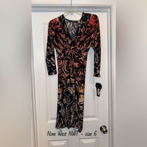 NWT Nine West Black and Orange Long Sleeve V-Neck Dress